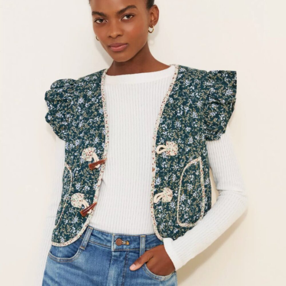 Dolan Green  Printed Ruffle Quilted Vest